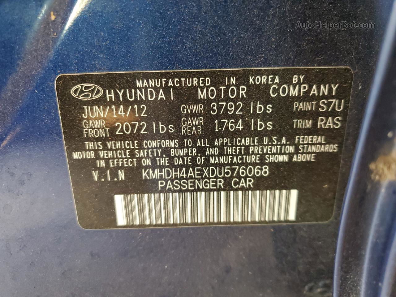 2013 Hyundai Elantra Gls Blue vin: KMHDH4AEXDU576068