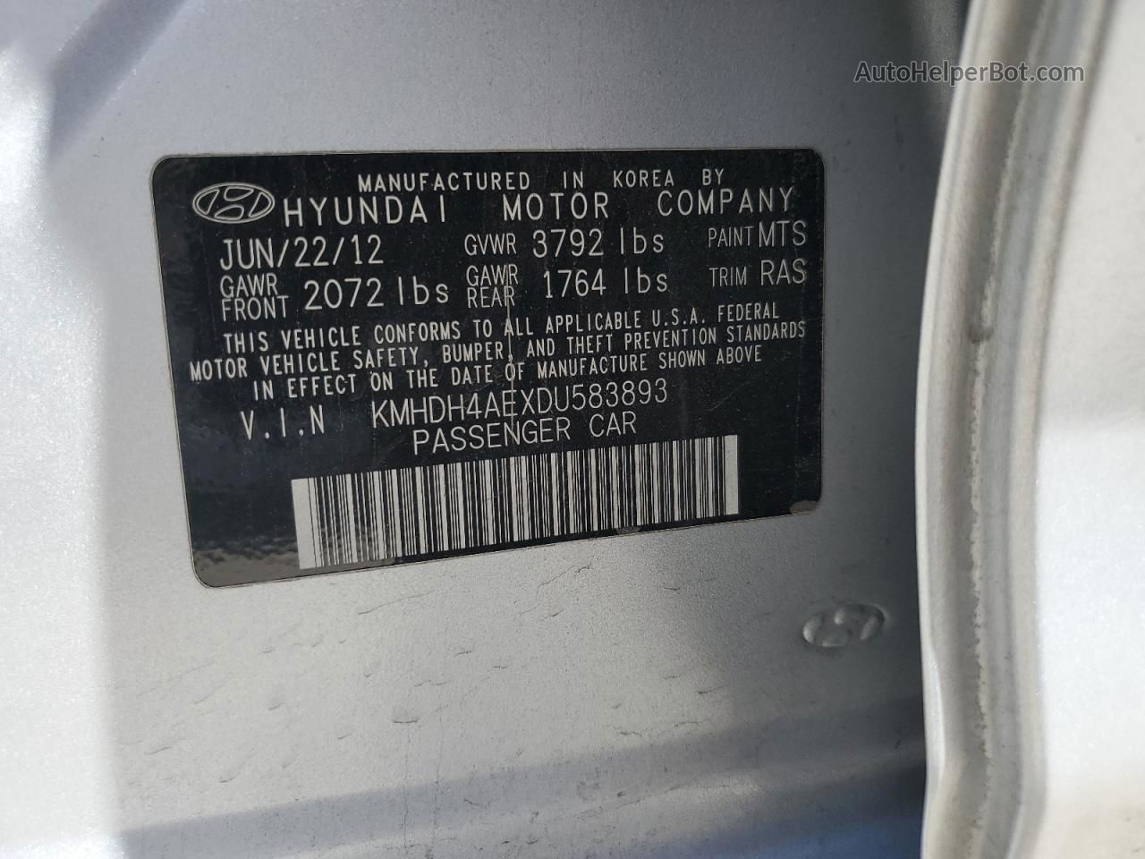 2013 Hyundai Elantra Gls Silver vin: KMHDH4AEXDU583893
