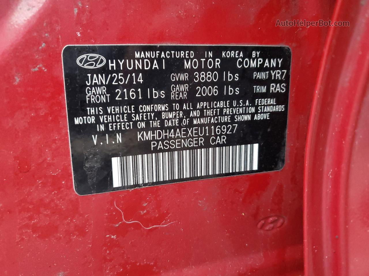 2014 Hyundai Elantra Se Red vin: KMHDH4AEXEU116927