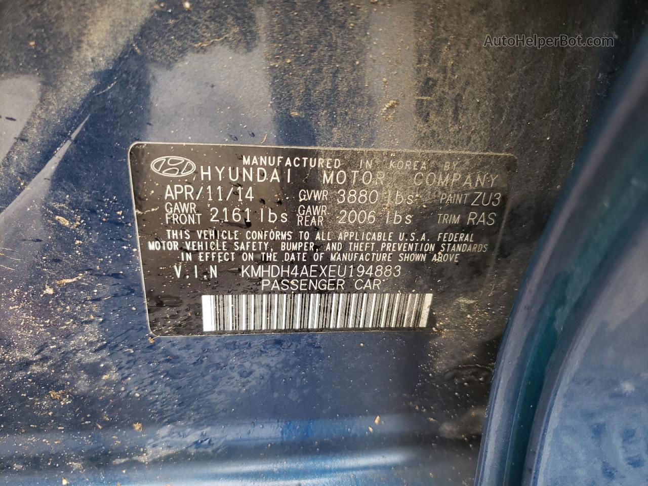 2014 Hyundai Elantra Se Blue vin: KMHDH4AEXEU194883