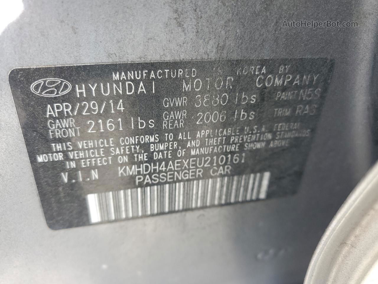 2014 Hyundai Elantra Se Gray vin: KMHDH4AEXEU210161