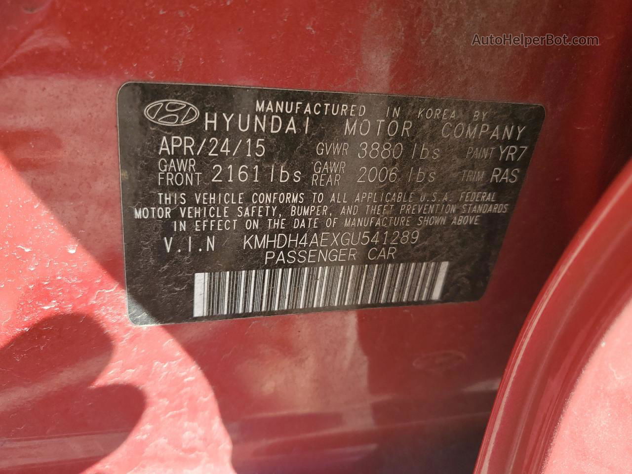 2016 Hyundai Elantra Se Красный vin: KMHDH4AEXGU541289