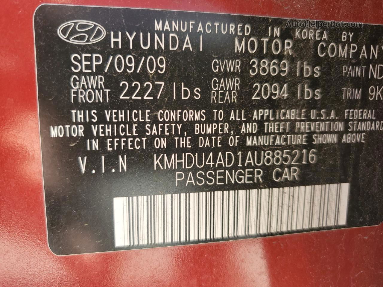 2010 Hyundai Elantra Blue Red vin: KMHDU4AD1AU885216