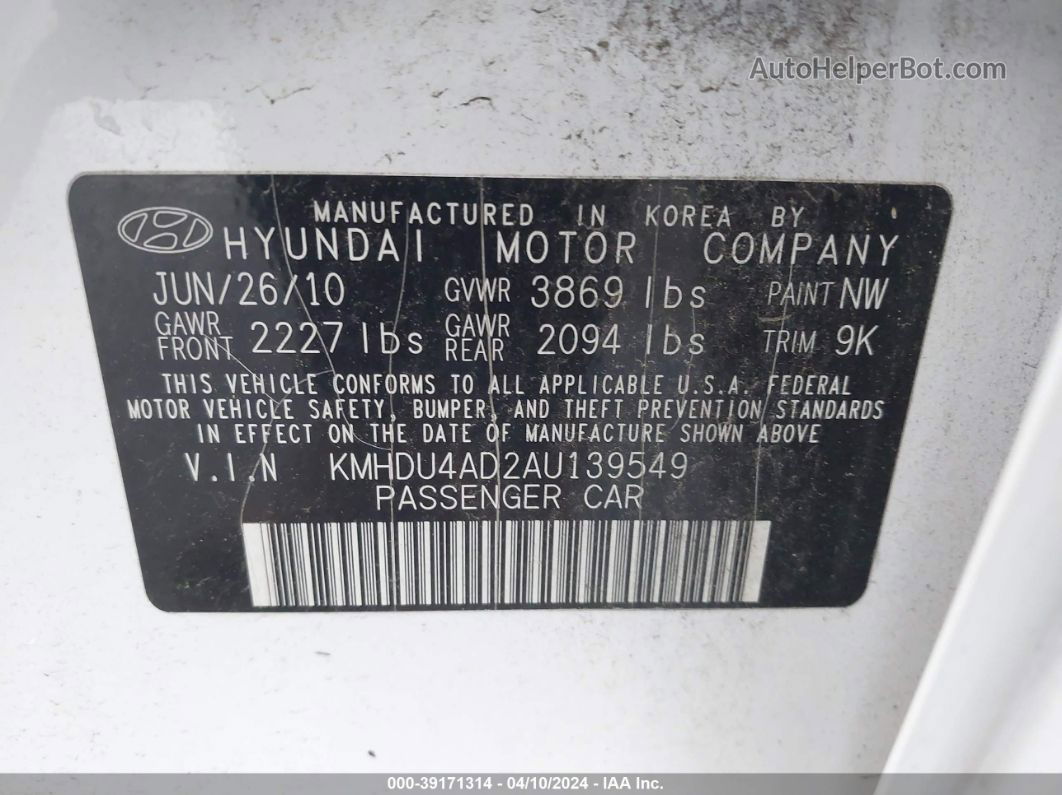 2010 Hyundai Elantra Gls Белый vin: KMHDU4AD2AU139549