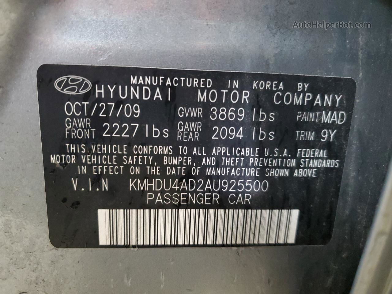 2010 Hyundai Elantra Blue Gray vin: KMHDU4AD2AU925500