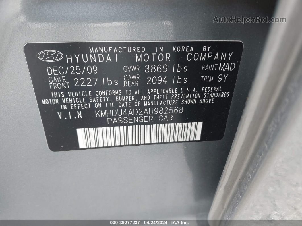 2010 Hyundai Elantra Se Gray vin: KMHDU4AD2AU982568