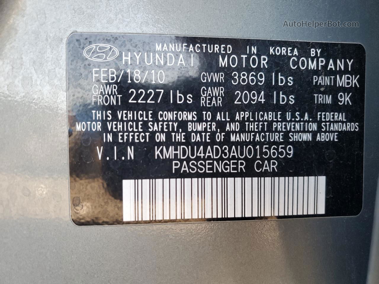 2010 Hyundai Elantra Blue Gray vin: KMHDU4AD3AU015659