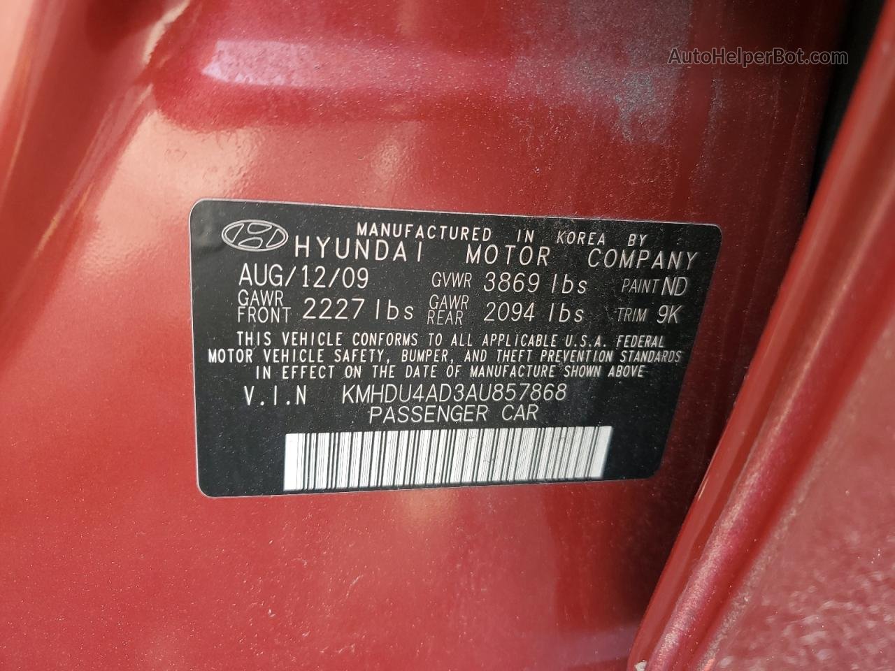 2010 Hyundai Elantra Blue Red vin: KMHDU4AD3AU857868