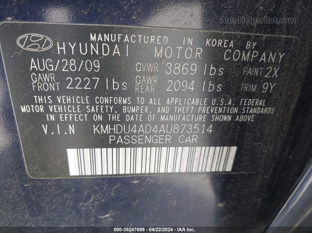 2010 Hyundai Elantra Se Blue vin: KMHDU4AD4AU873514