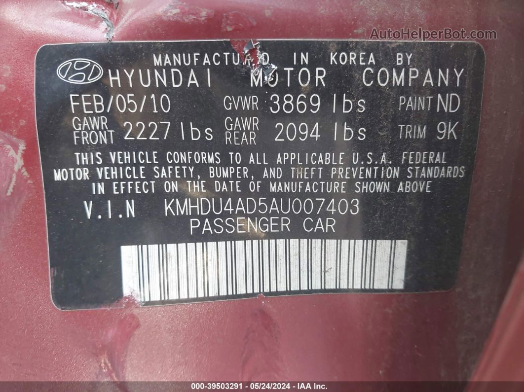 2010 Hyundai Elantra Gls Red vin: KMHDU4AD5AU007403