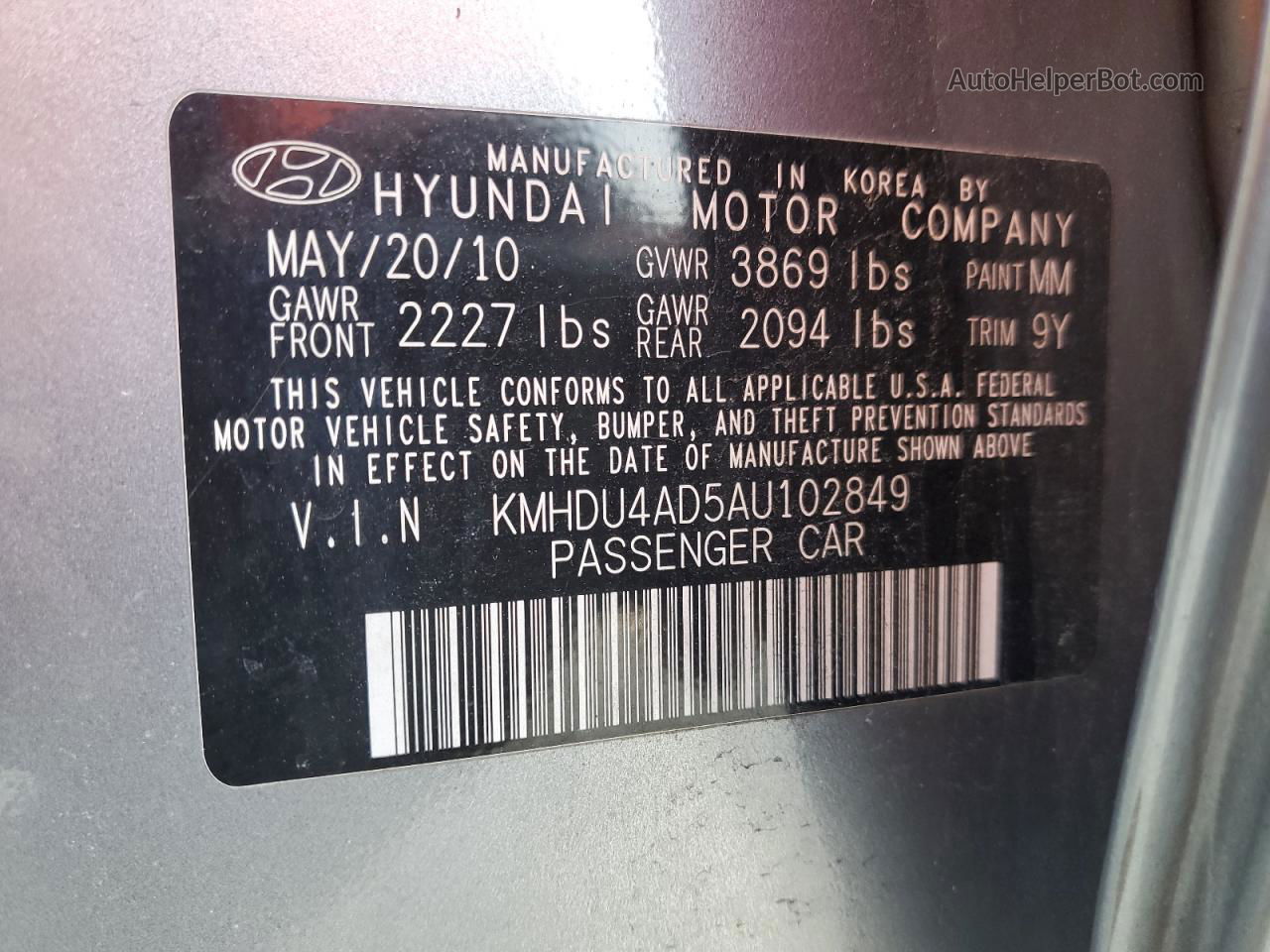 2010 Hyundai Elantra Blue Gray vin: KMHDU4AD5AU102849