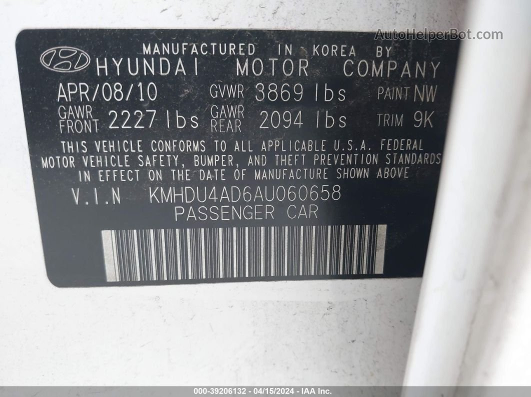 2010 Hyundai Elantra Gls White vin: KMHDU4AD6AU060658