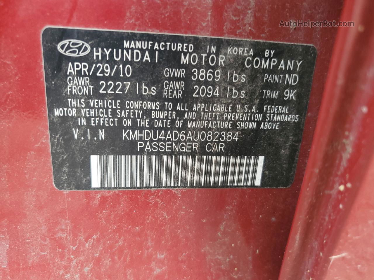 2010 Hyundai Elantra Blue Red vin: KMHDU4AD6AU082384