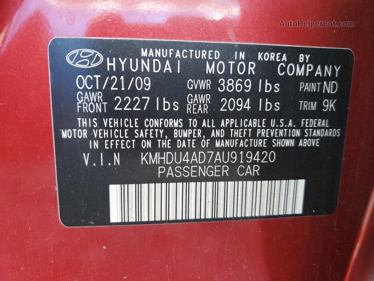 2010 Hyundai Elantra Blue Red vin: KMHDU4AD7AU919420