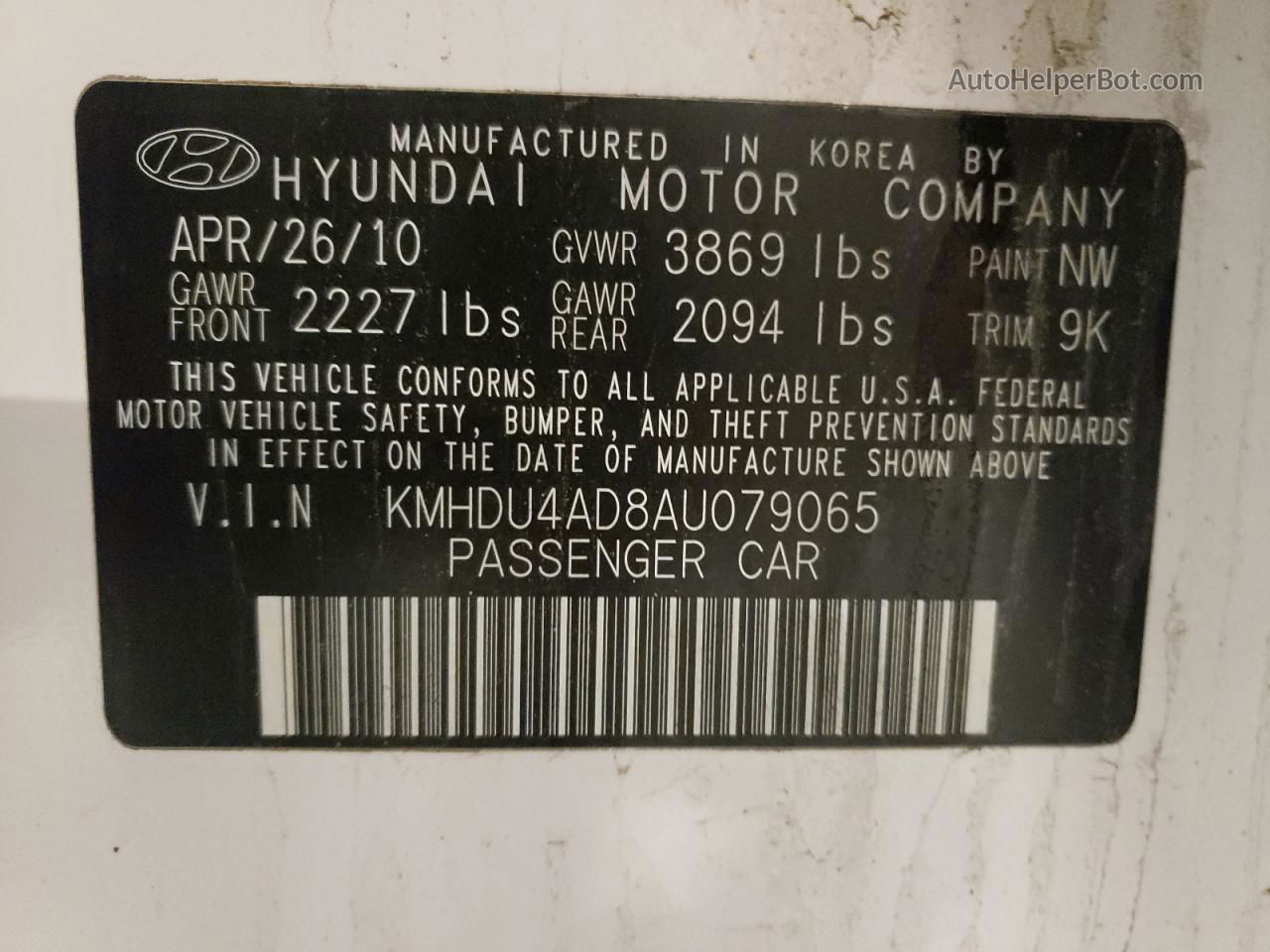 2010 Hyundai Elantra Blue White vin: KMHDU4AD8AU079065