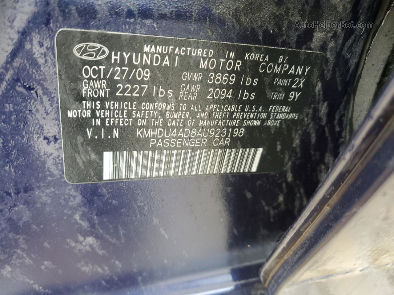 2010 Hyundai Elantra Blue Blue vin: KMHDU4AD8AU923198