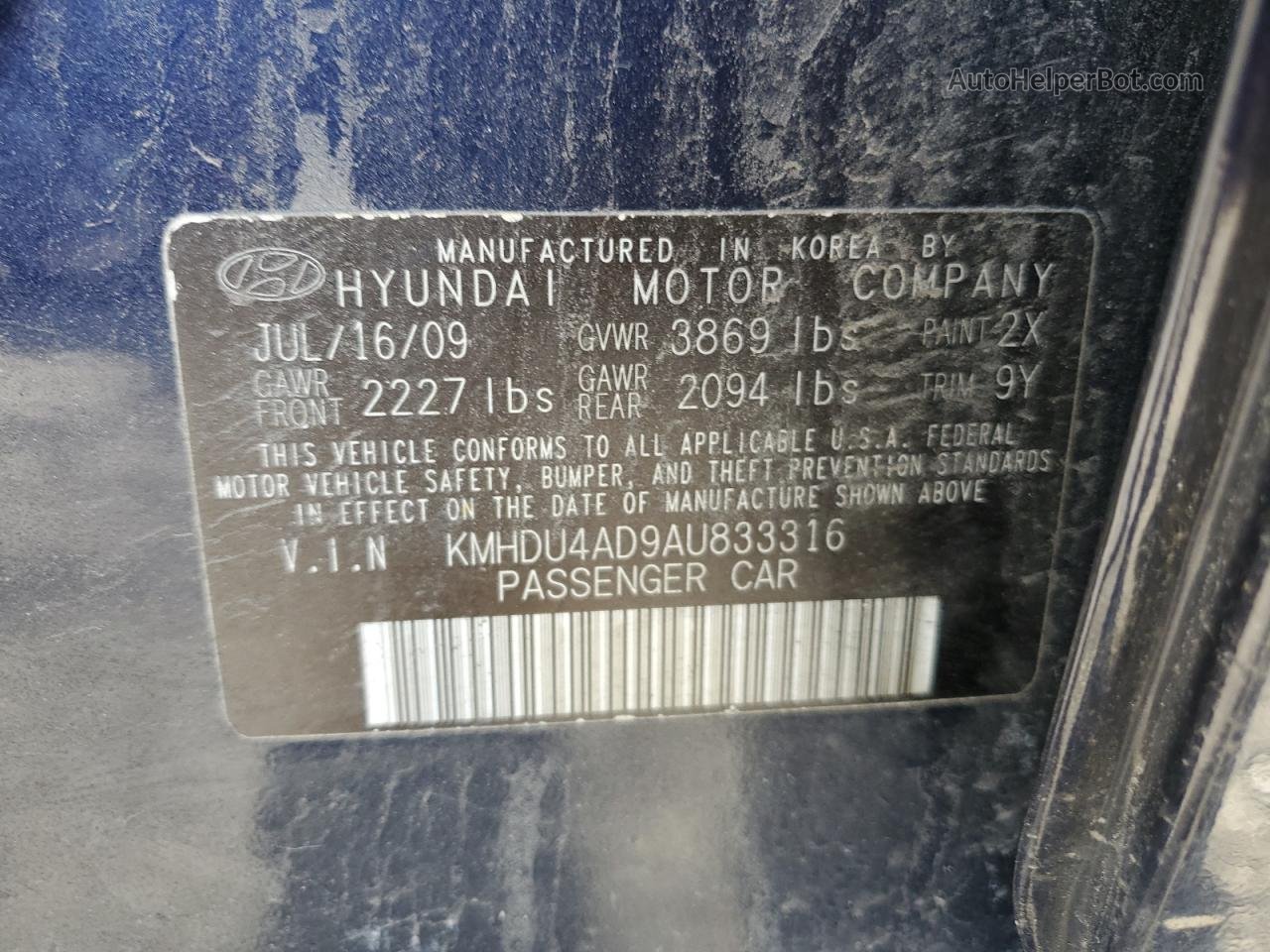2010 Hyundai Elantra Blue Blue vin: KMHDU4AD9AU833316