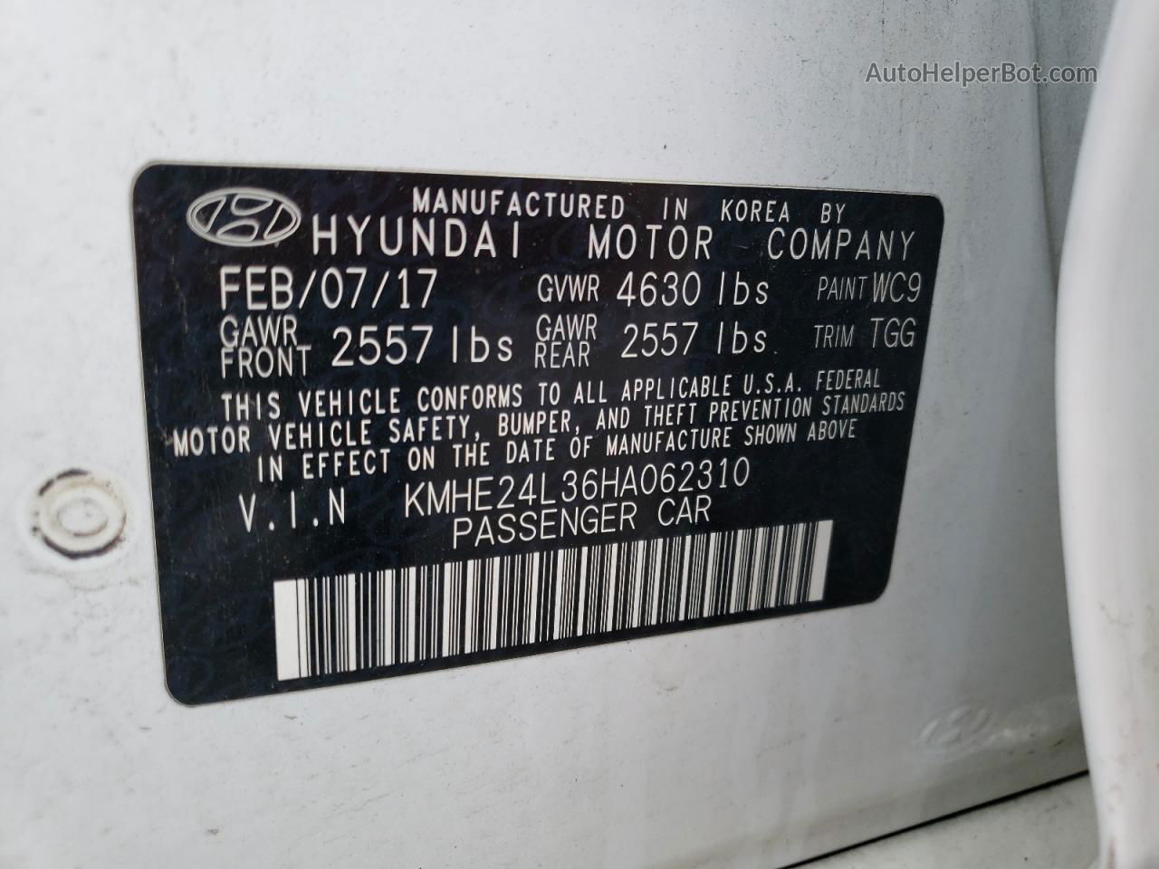2017 Hyundai Sonata Hybrid White vin: KMHE24L36HA062310