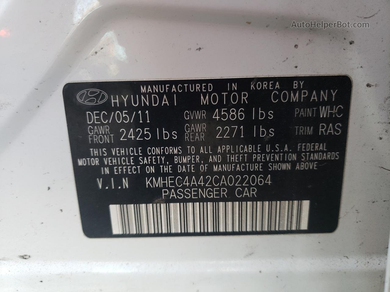 2012 Hyundai Sonata Hybrid White vin: KMHEC4A42CA022064