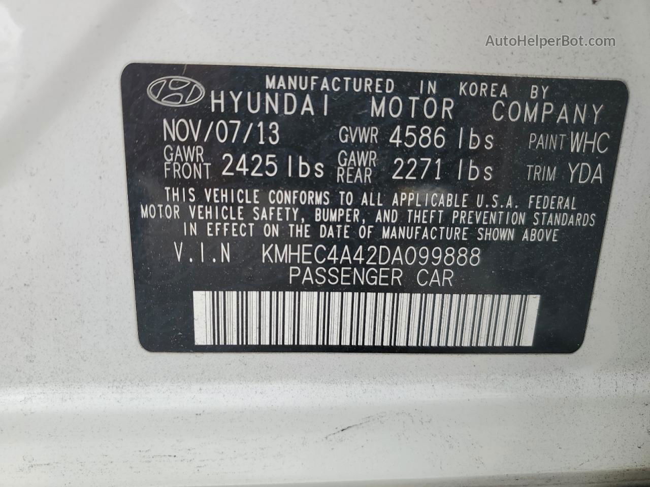 2013 Hyundai Sonata Hybrid White vin: KMHEC4A42DA099888