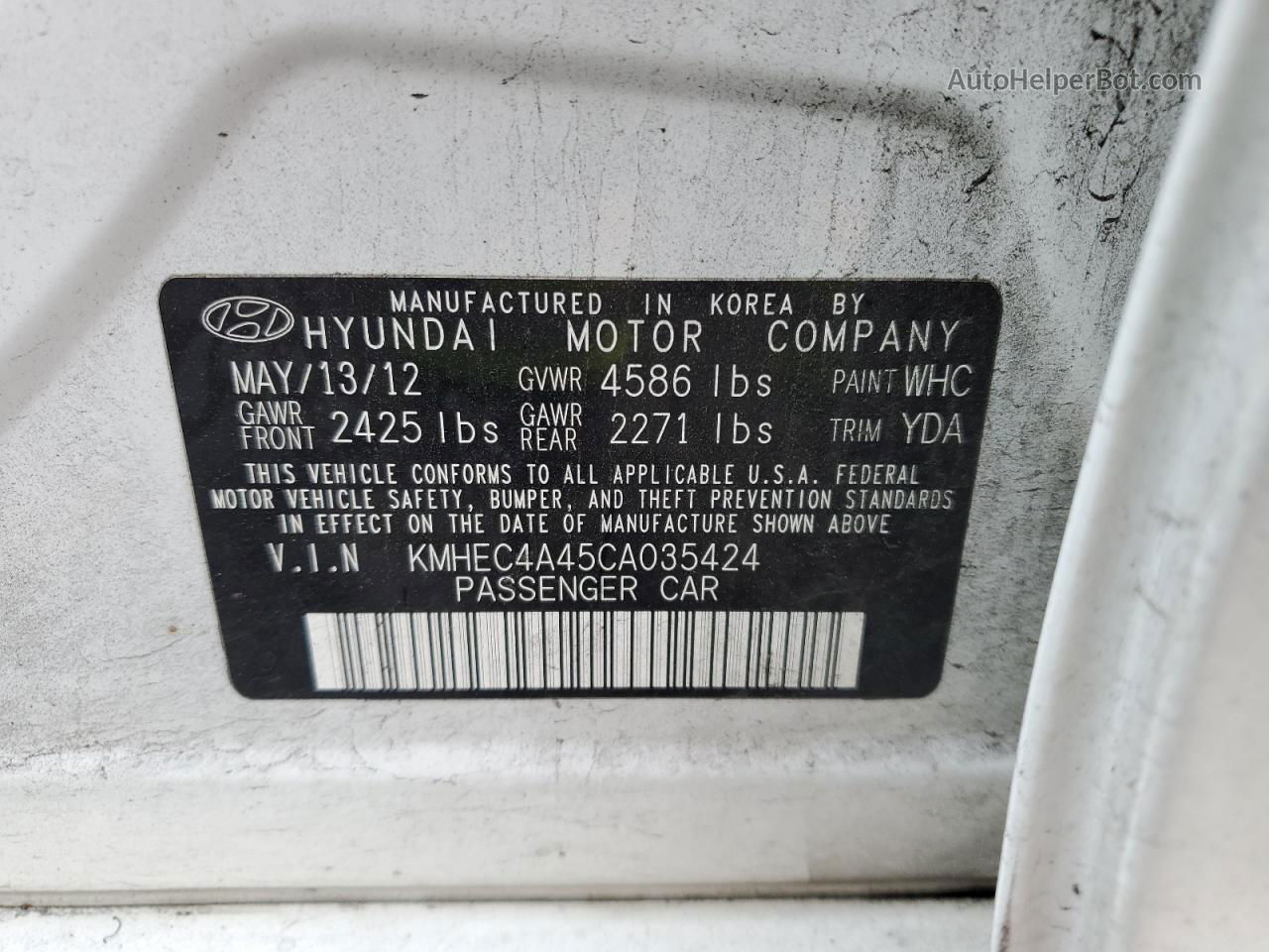 2012 Hyundai Sonata Hybrid White vin: KMHEC4A45CA035424