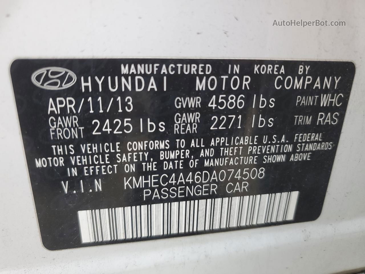 2013 Hyundai Sonata Hybrid White vin: KMHEC4A46DA074508