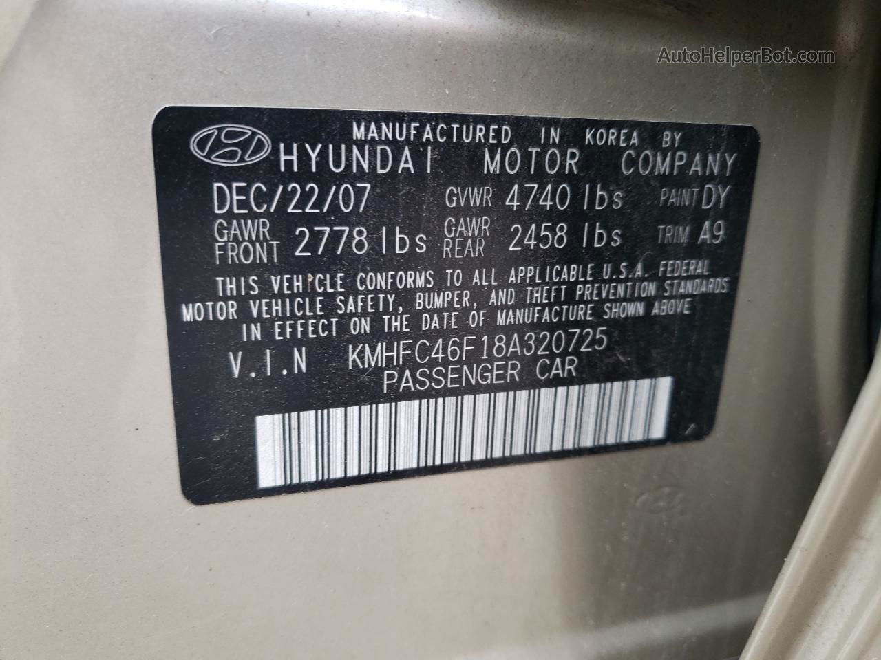 2008 Hyundai Azera Se Золотой vin: KMHFC46F18A320725