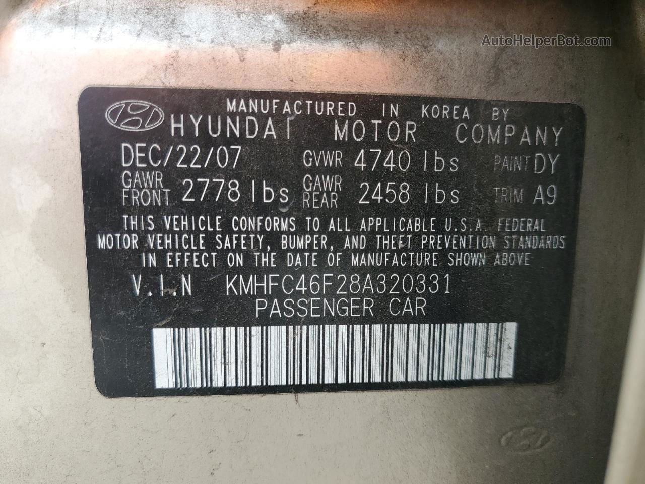 2008 Hyundai Azera Se Бежевый vin: KMHFC46F28A320331