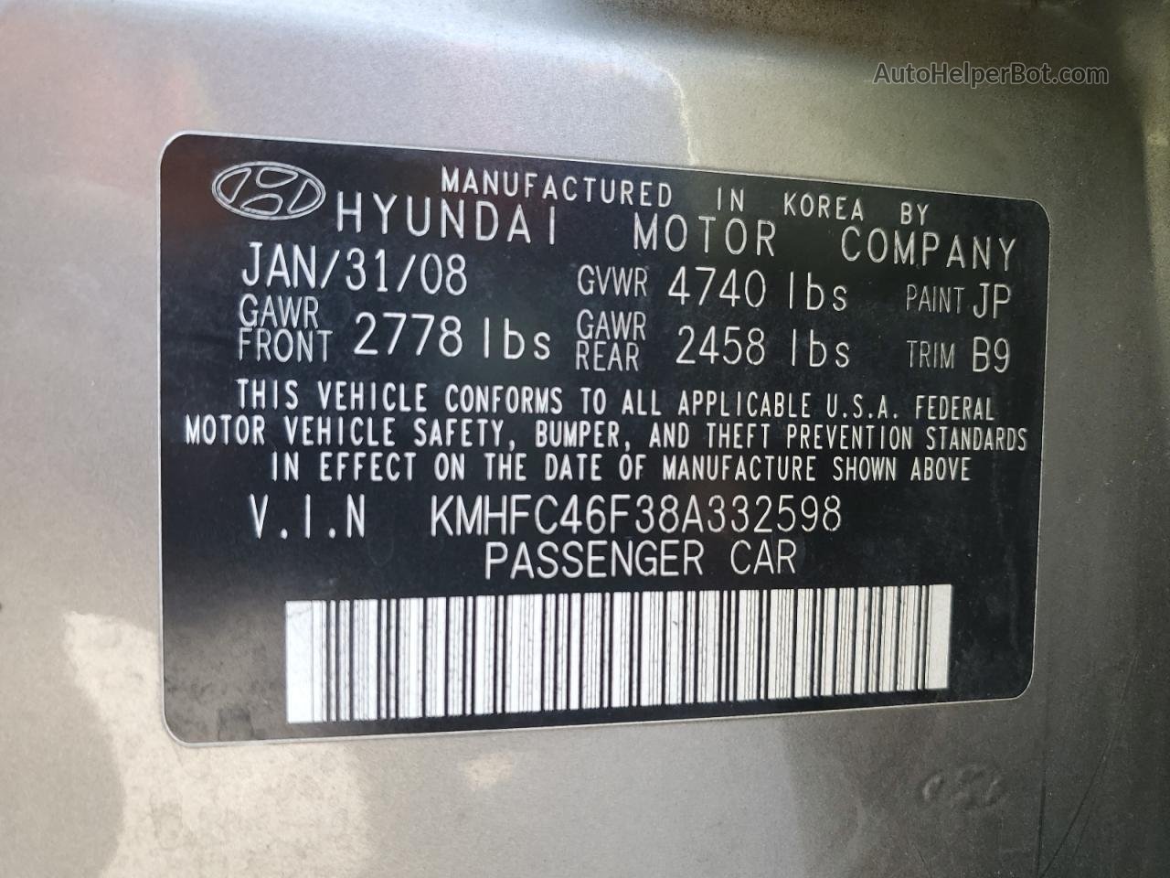 2008 Hyundai Azera Se Gray vin: KMHFC46F38A332598