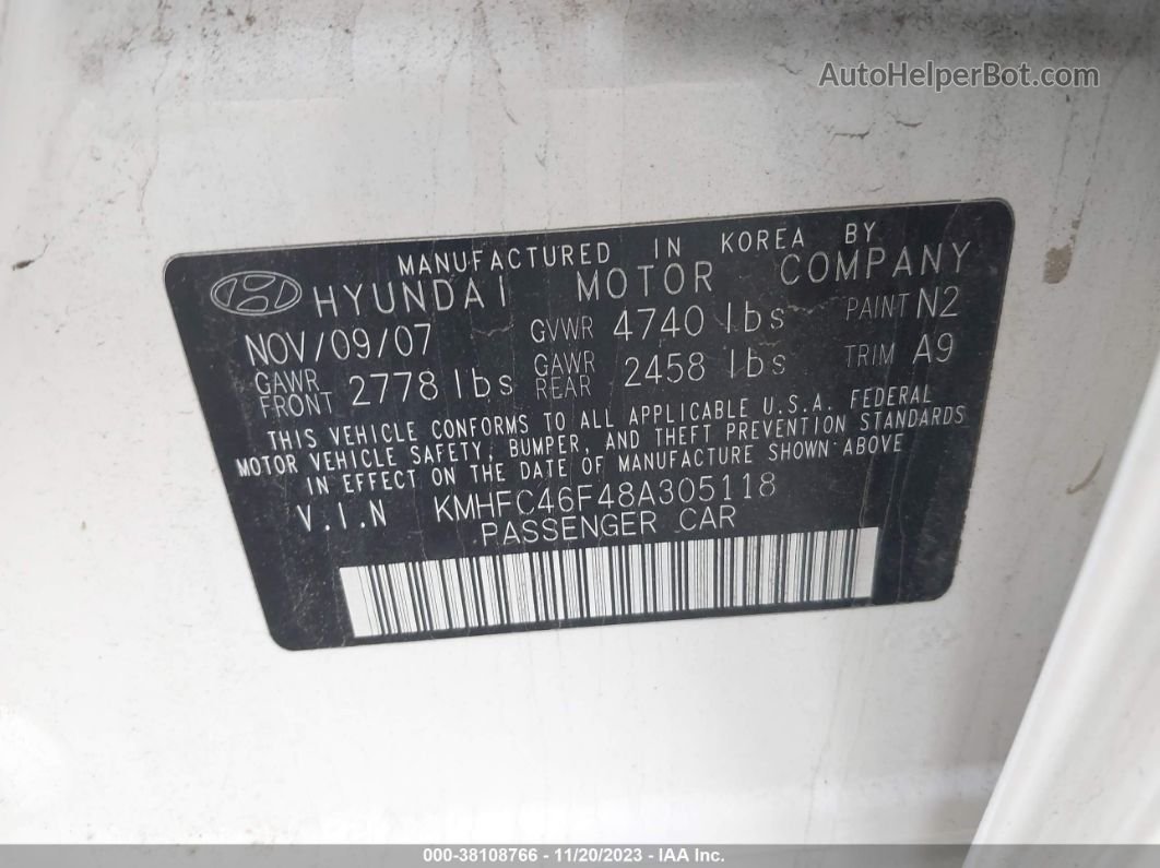 2008 Hyundai Azera Limited White vin: KMHFC46F48A305118