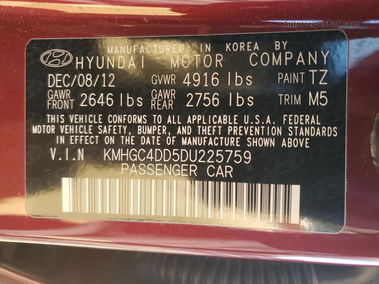 2013 Hyundai Genesis 3.8l Burgundy vin: KMHGC4DD5DU225759