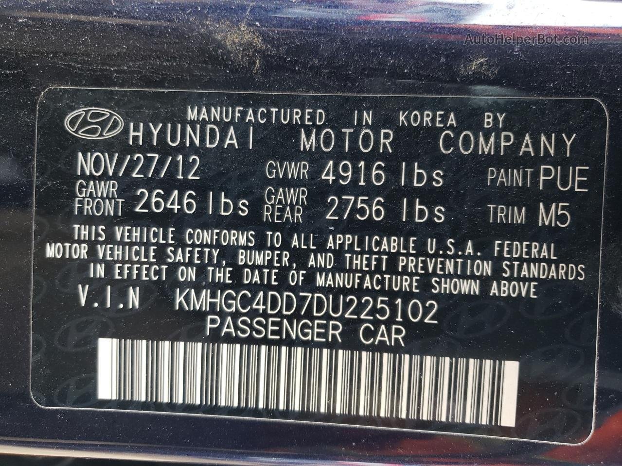 2013 Hyundai Genesis 3.8l Blue vin: KMHGC4DD7DU225102