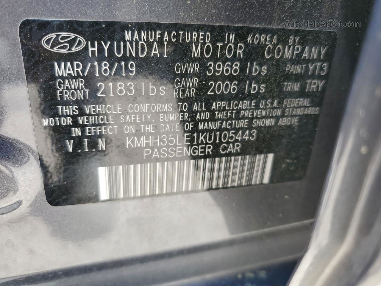 2019 Hyundai Elantra Gt  Gray vin: KMHH35LE1KU105443