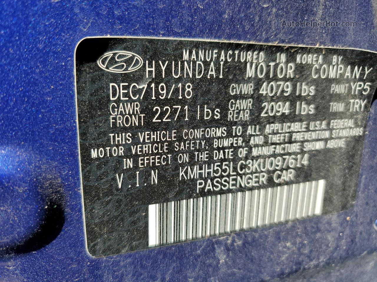2019 Hyundai Elantra Gt N Line Синий vin: KMHH55LC3KU097614