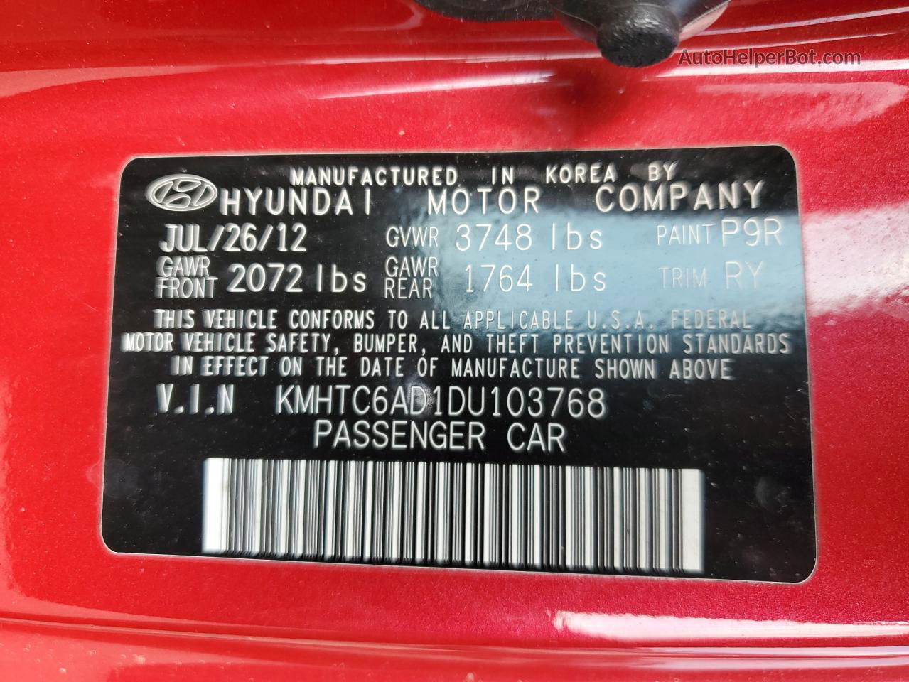 2013 Hyundai Veloster  Red vin: KMHTC6AD1DU103768