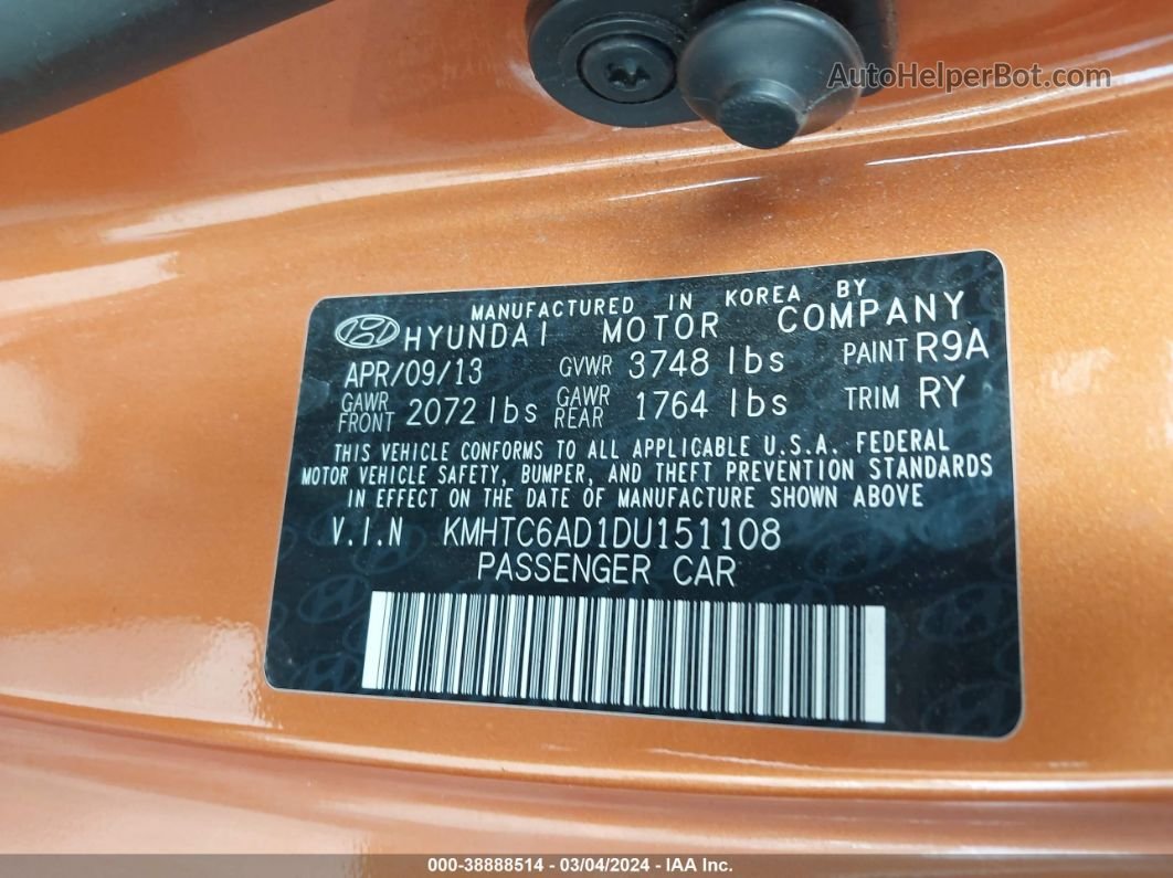 2013 Hyundai Veloster Base W/black Orange vin: KMHTC6AD1DU151108