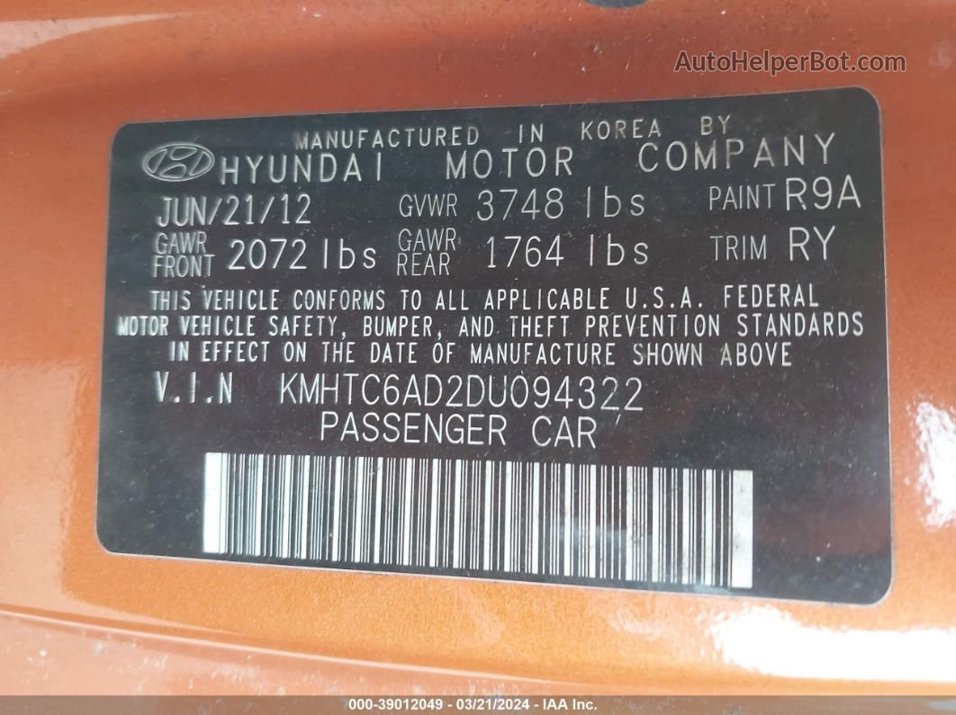 2013 Hyundai Veloster Base W/black Orange vin: KMHTC6AD2DU094322