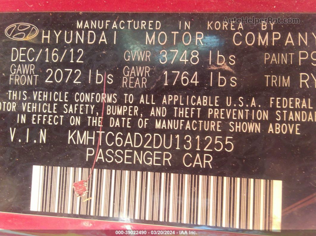 2013 Hyundai Veloster Base W/gray Red vin: KMHTC6AD2DU131255