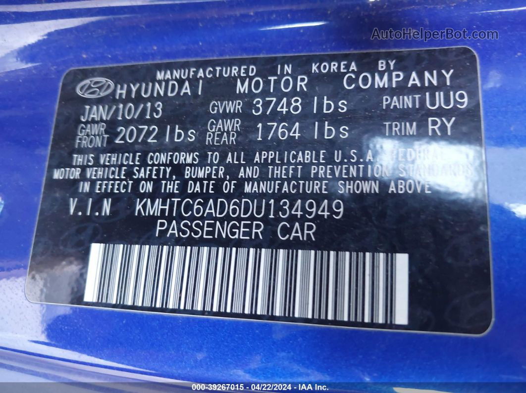 2013 Hyundai Veloster Mix Blue vin: KMHTC6AD6DU134949