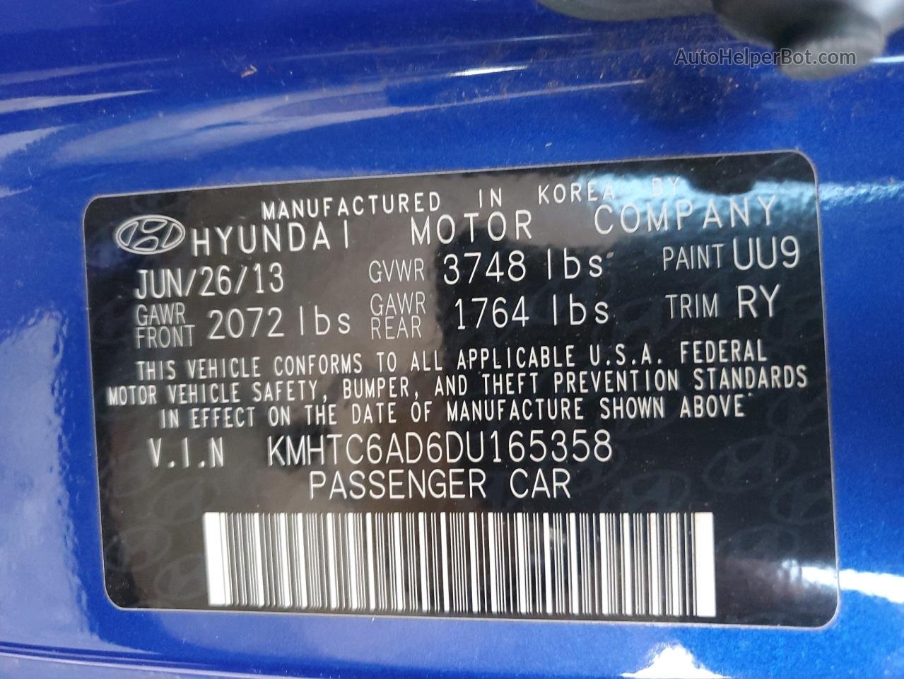 2013 Hyundai Veloster  Синий vin: KMHTC6AD6DU165358