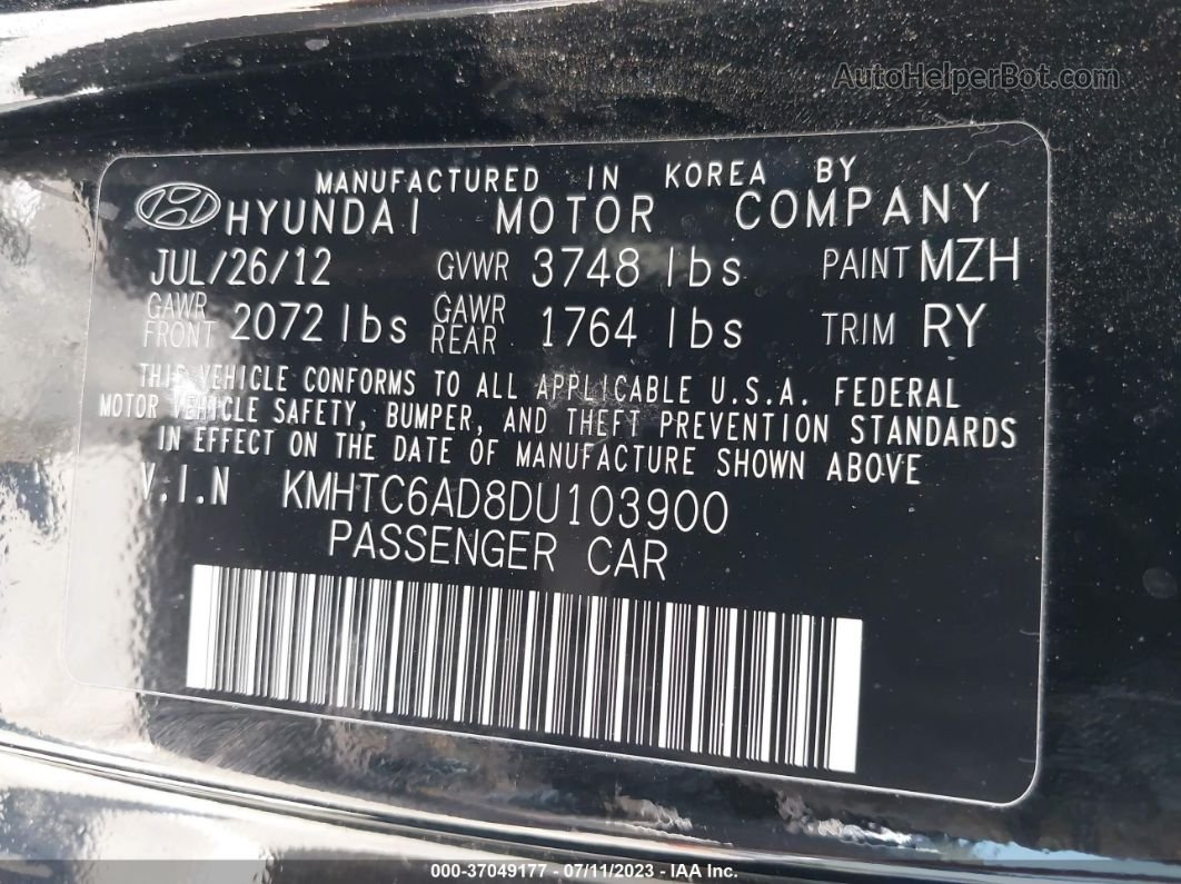 2013 Hyundai Veloster W/gray Int Black vin: KMHTC6AD8DU103900