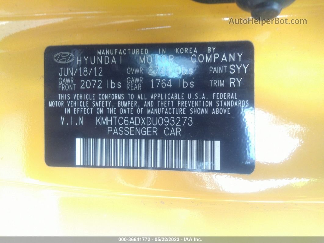 2013 Hyundai Veloster W/black Int Yellow vin: KMHTC6ADXDU093273