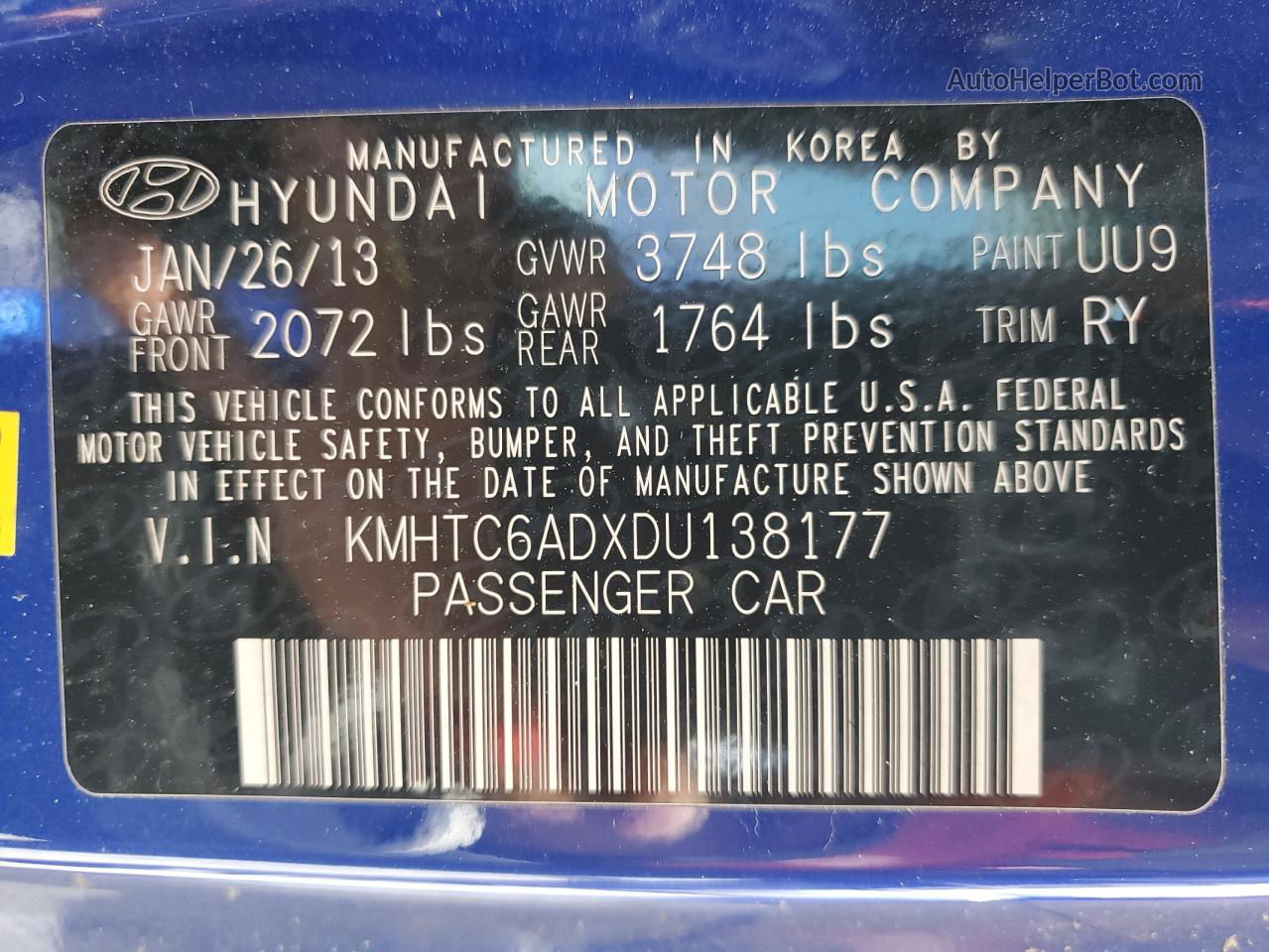 2013 Hyundai Veloster  Blue vin: KMHTC6ADXDU138177