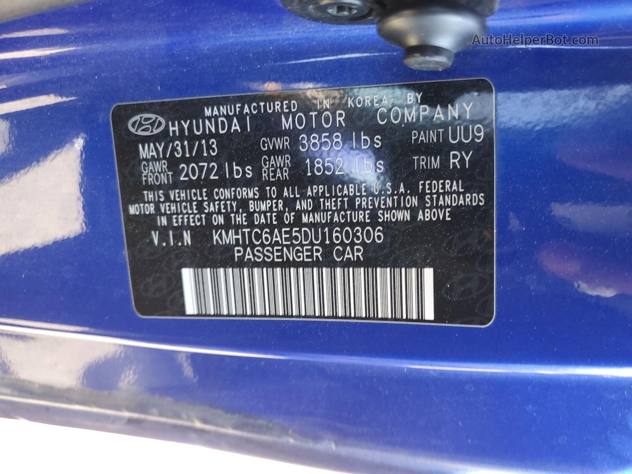 2013 Hyundai Veloster Turbo Blue vin: KMHTC6AE5DU160306