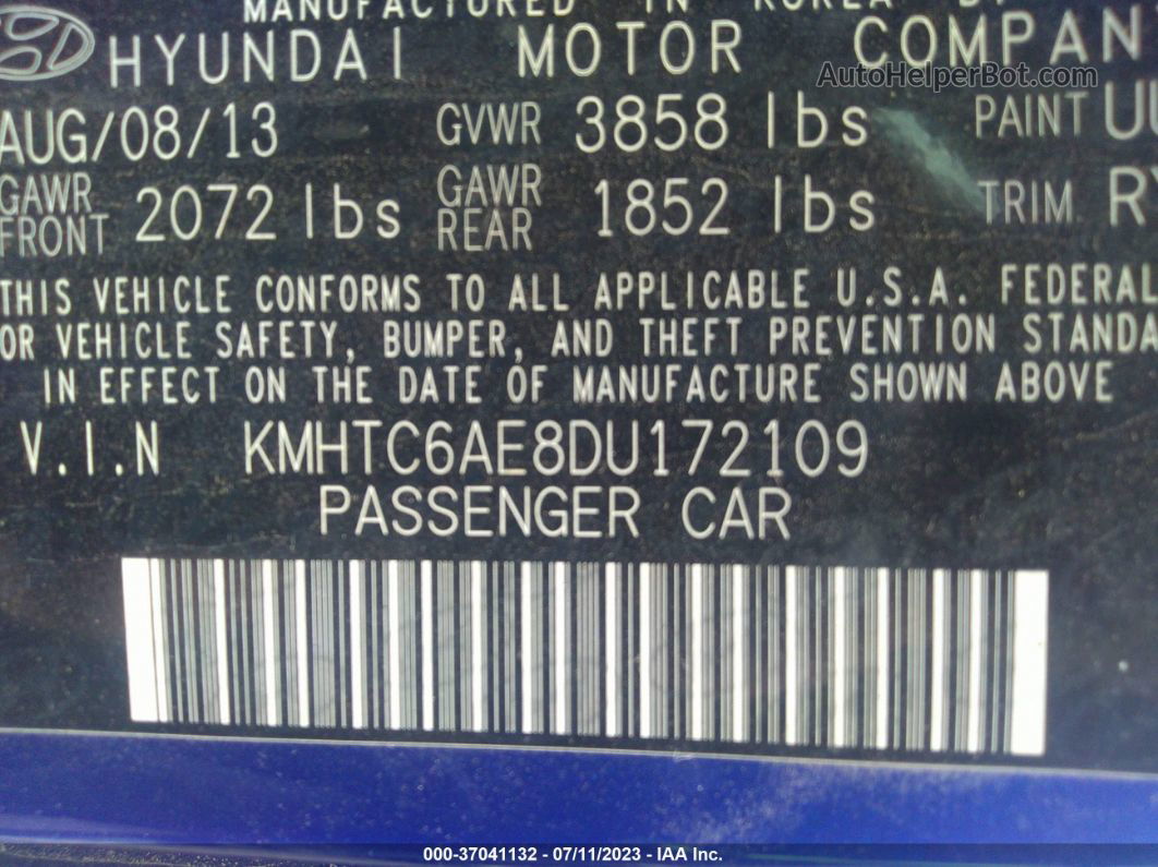 2013 Hyundai Veloster Turbo W/black Int Blue vin: KMHTC6AE8DU172109