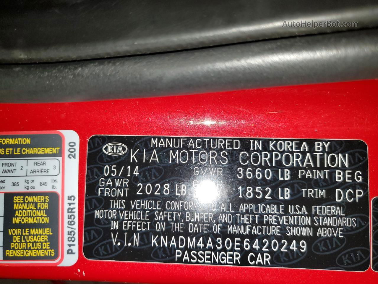 2014 Kia Rio Lx Red vin: KNADM4A30E6420249