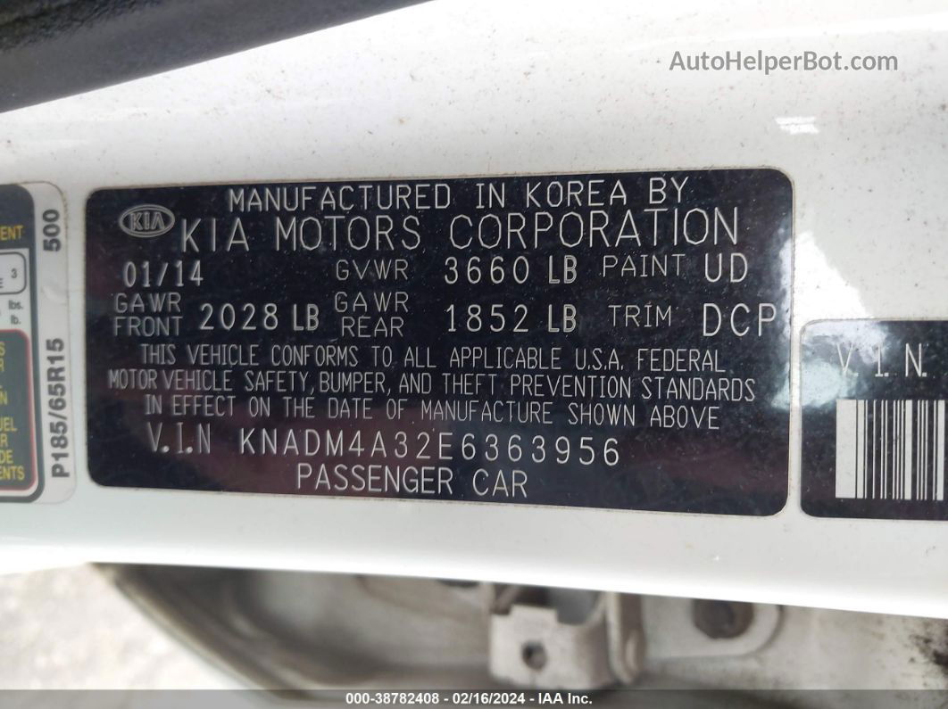 2014 Kia Rio Lx Белый vin: KNADM4A32E6363956