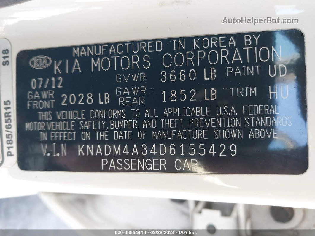 2013 Kia Rio Lx White vin: KNADM4A34D6155429