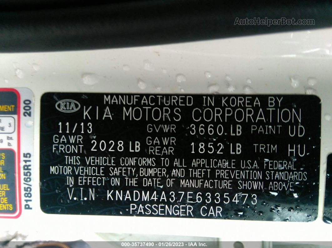 2014 Kia Rio Lx Белый vin: KNADM4A37E6335473