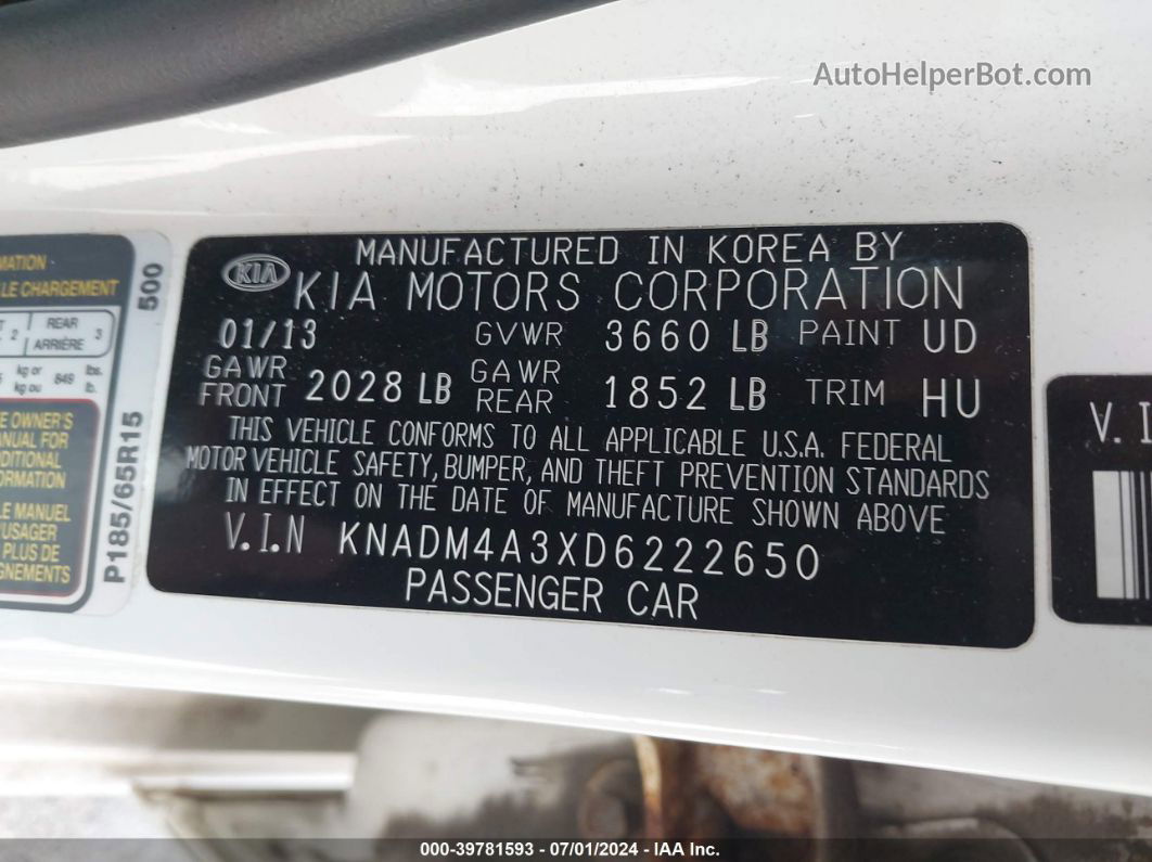 2013 Kia Rio Lx White vin: KNADM4A3XD6222650